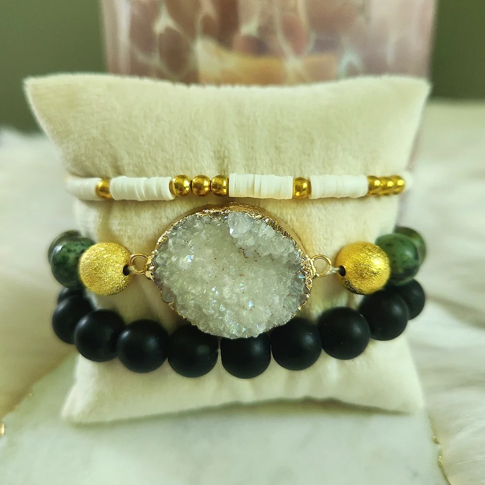 NWT Ryze Natural Stone White Druzy, Jasper, & Heishi Beaded Staxx Bracelets - Picture 1 of 7